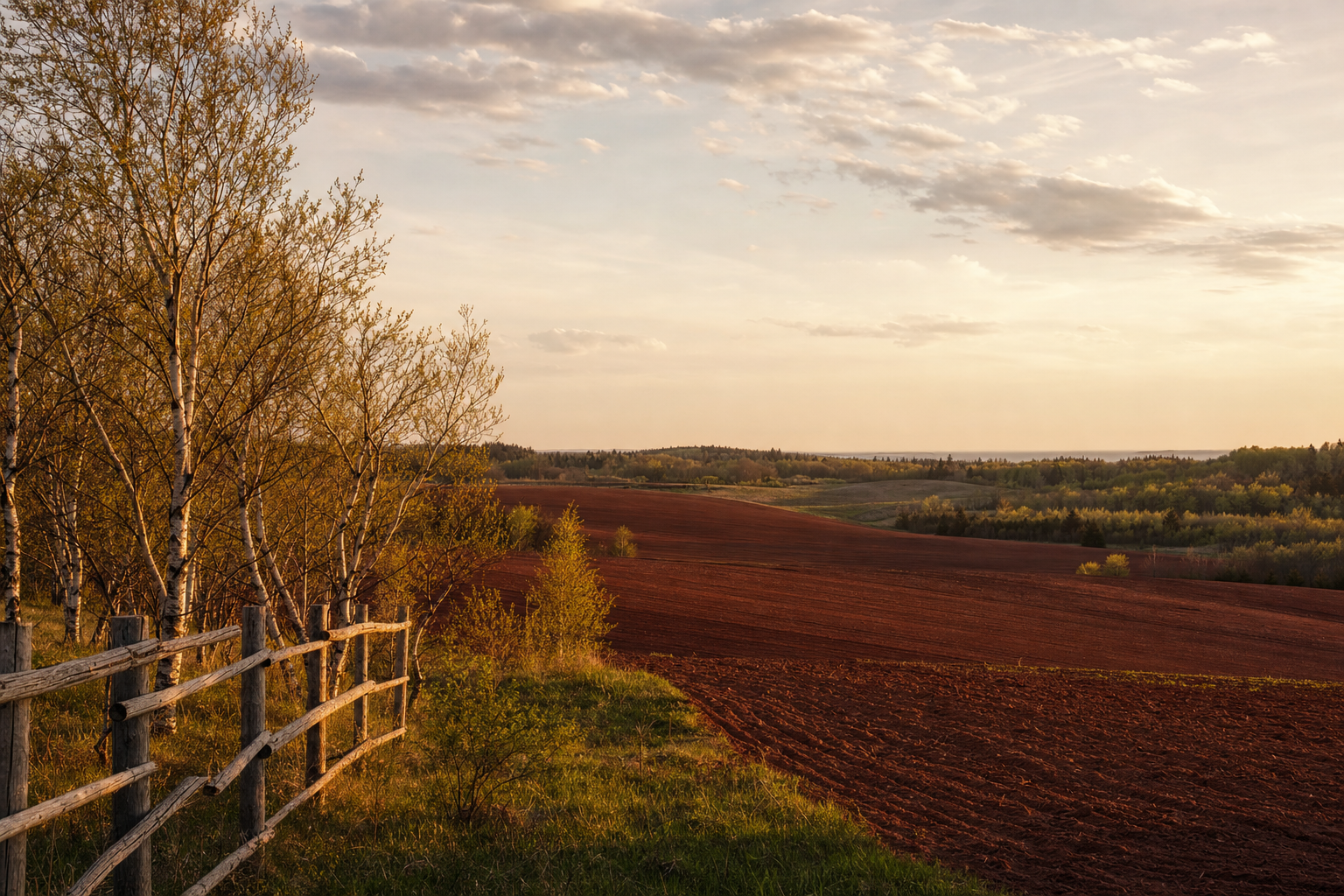 Red soil farmland on Prince Edward Island at golden hour