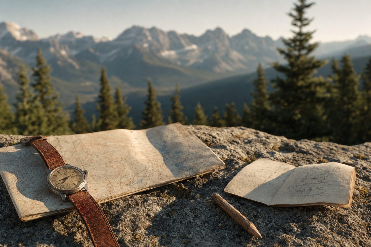 A worn wristwatch and a folded topographic map on granite at dawn, with a Rockies ridgeline behind