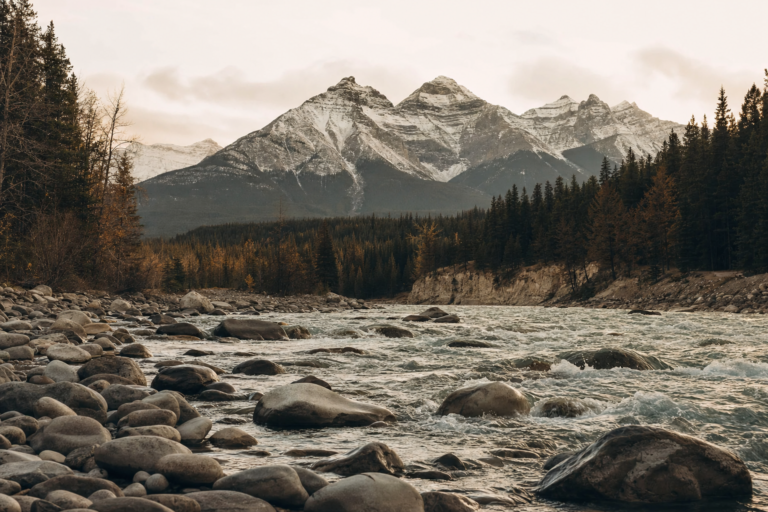The Bow River moving through the Canadian Rockies near Canmore